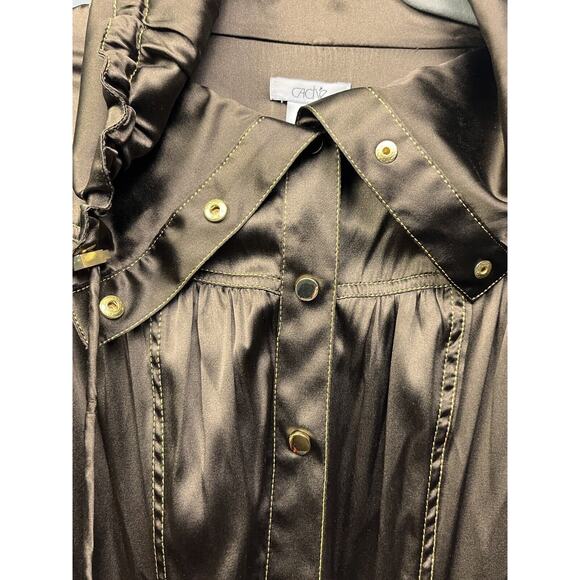 Cache Silk Jacket Womens XS Brown Gold button Metallic Shimmer Pockets Y2K - Picture 6 of 7